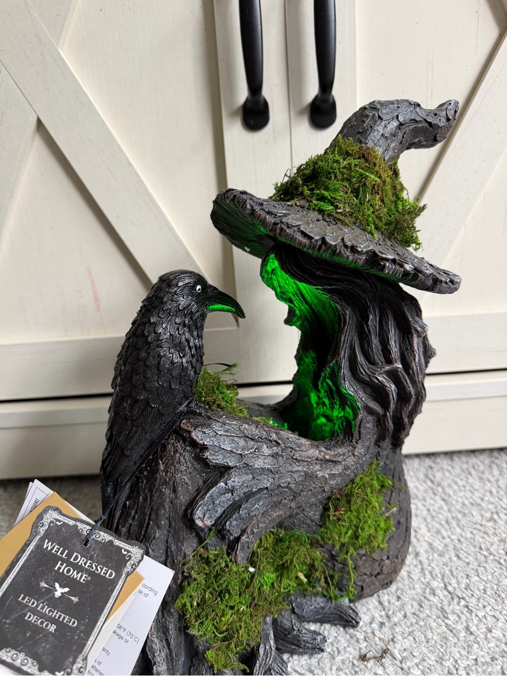 Halloween Light Up Mossy Tree Witch and Raven Decor